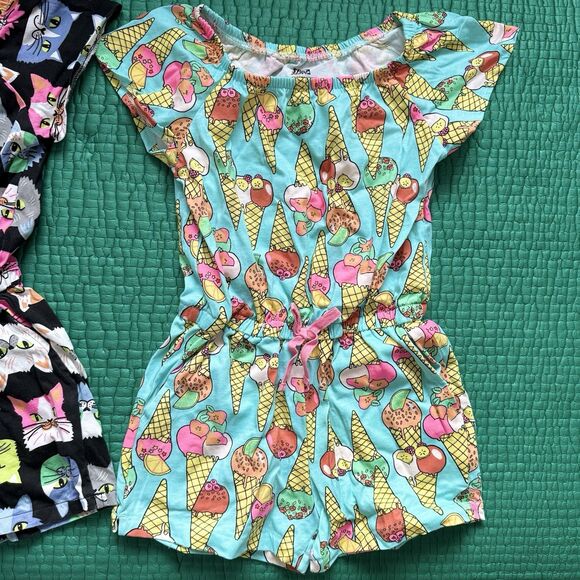 NEW Spotted Zebra 2 Shorts Rompers Girl S 6/7 Cat & Ice Cream Cones Thick Cotton - Picture 4 of 16